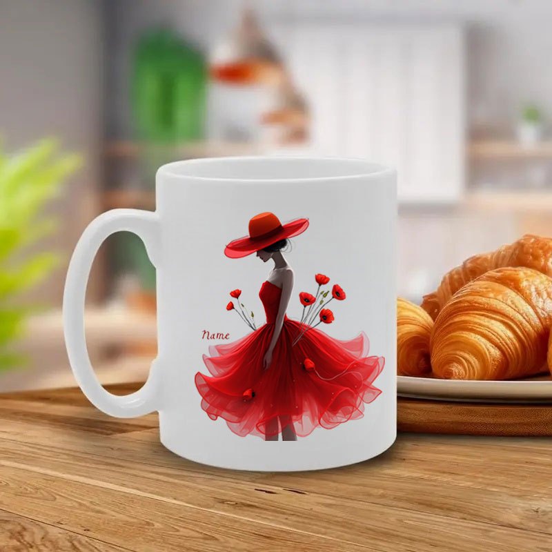 Tailorly White Ceramic 11 oz Mug - Elegant Silhouette Wearing Large Red Hat And Vibrant Flowing Red Gown Woman