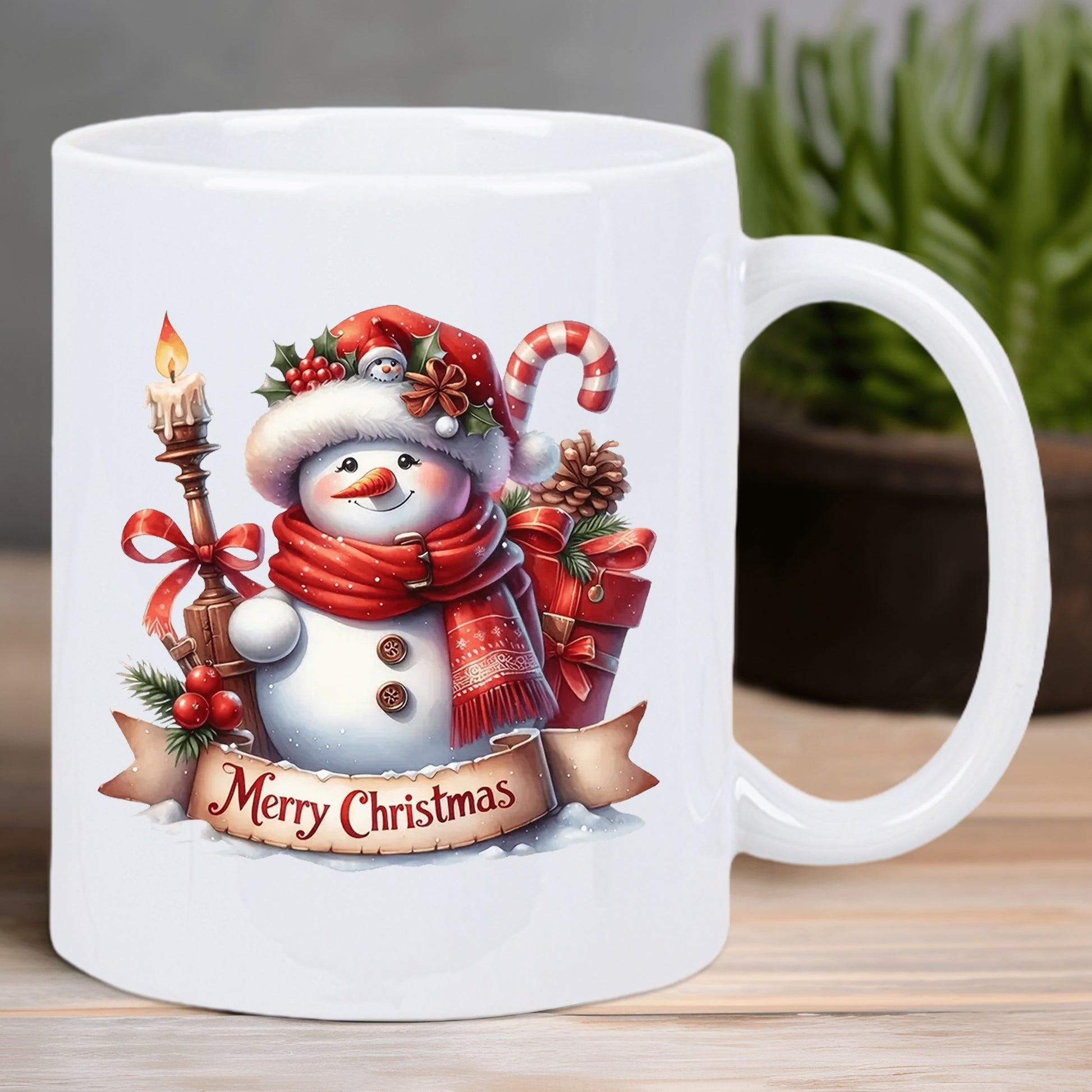 Tailorly White Ceramic 11 oz Mug - Merry Christmas Festive Adorable Character Wearing Red Winter Scarf Holding A Vintage Candle Snowman