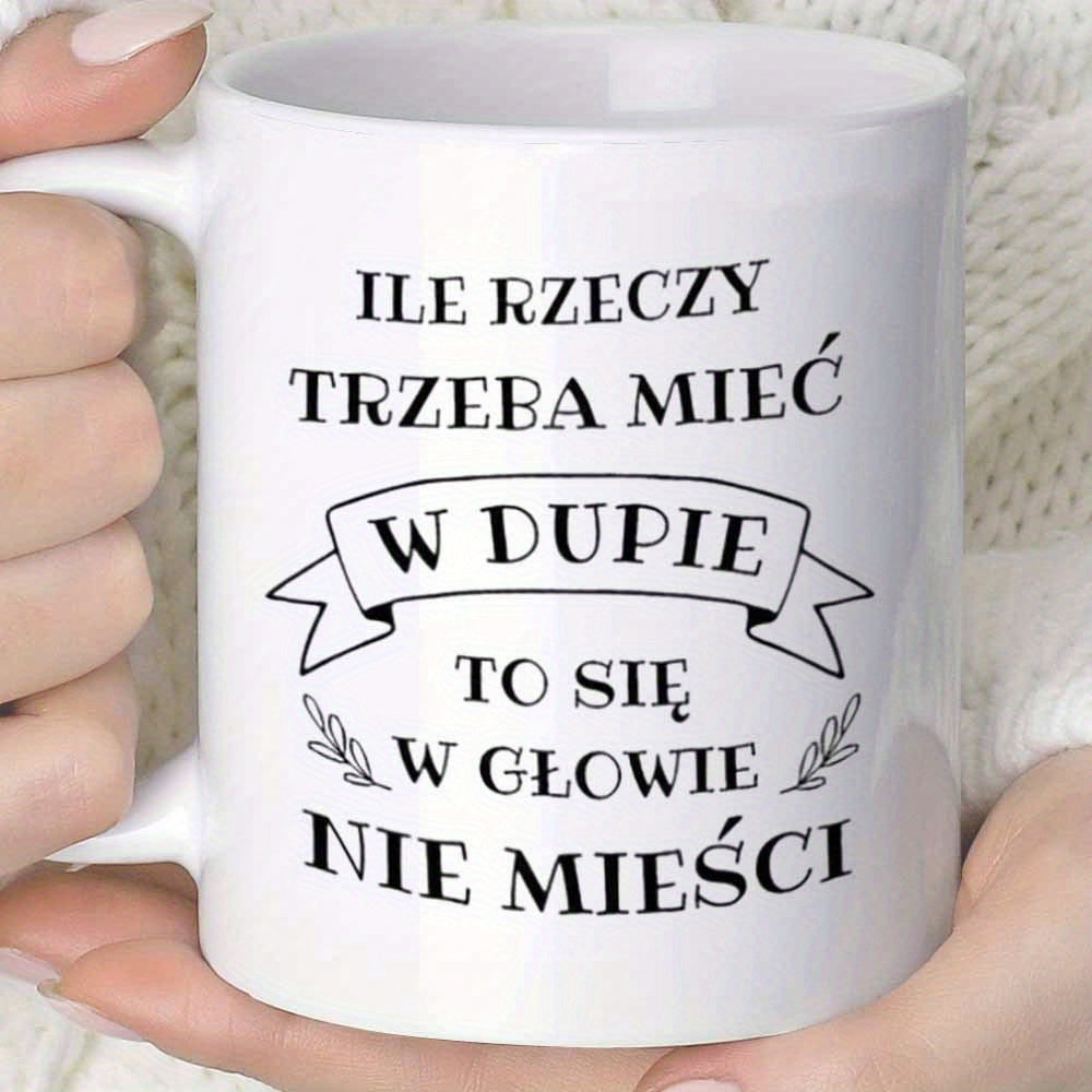 Tailorly White Ceramic 11 oz Mug - Minimalist Polish Phrase With Decorative Banner And Small Floral Accents Lettering