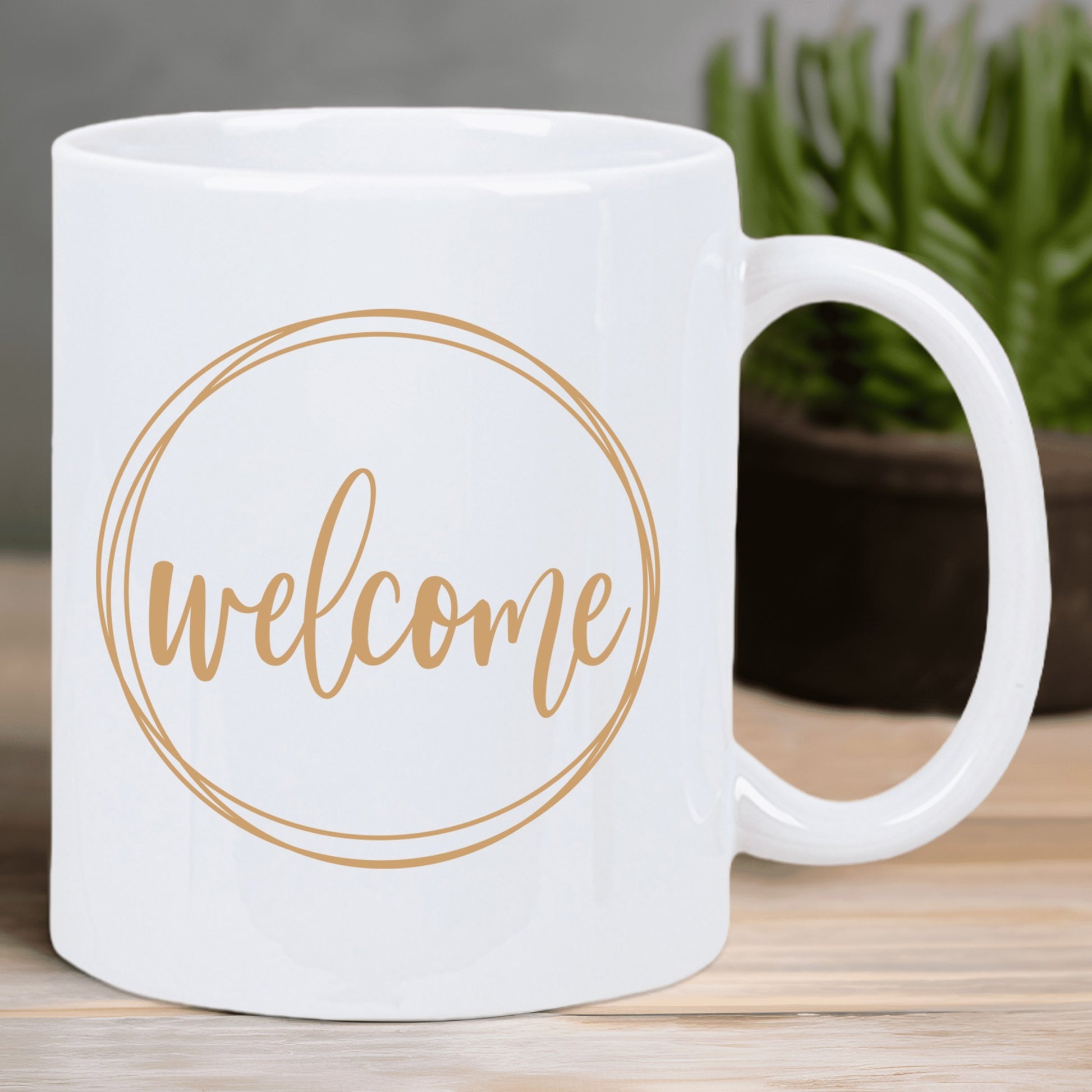 Tailorly White Ceramic 11 oz Mug - Welcome Elegant Golden Circular Line Frame On Minimalist Ceramic Mug