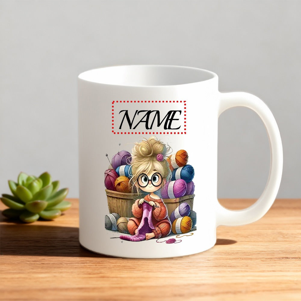 Tailorly White Ceramic 11 oz Mug - Name Adorable Cartoon Girl Knitting Peacefully Surrounded By Colorful Vibrant Balls Of Yarn Illustration