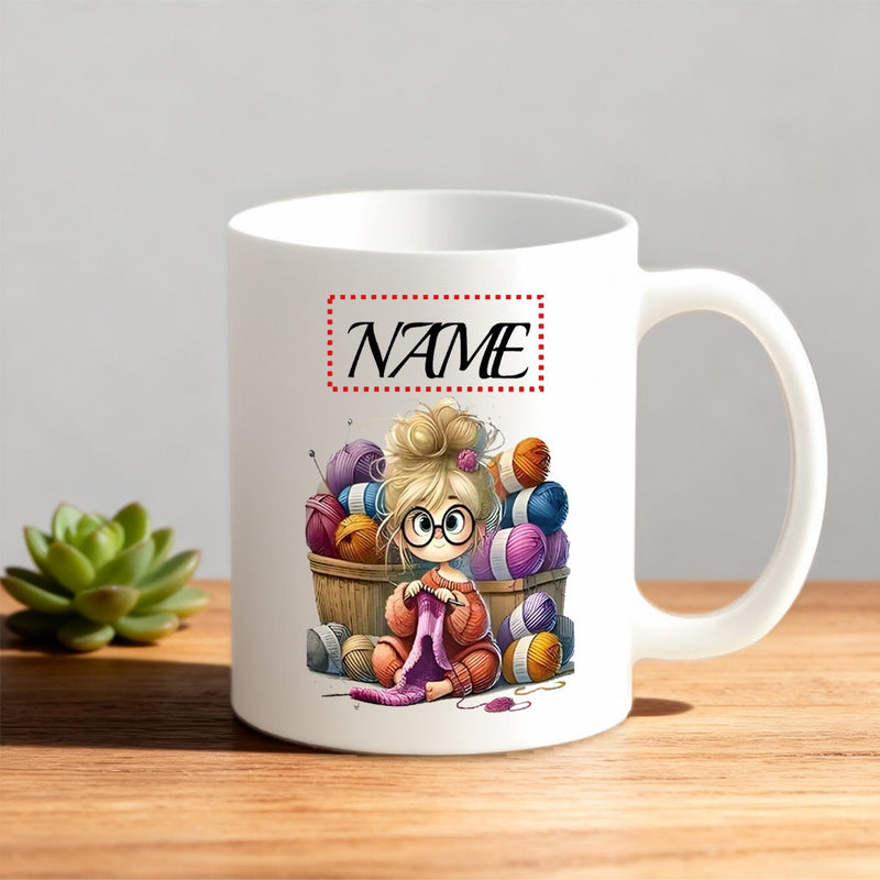 Tailorly White Ceramic 11 oz Mug - Name Adorable Cartoon Girl Knitting Peacefully Surrounded By Colorful Vibrant Balls Of Yarn Illustration