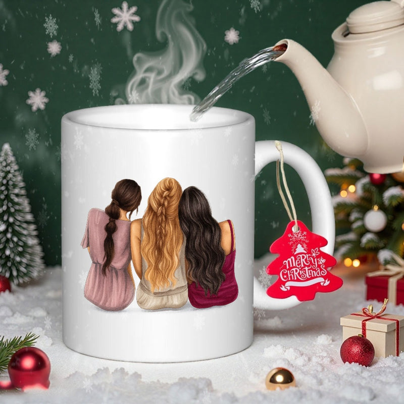 Tailorly White Ceramic 11 oz Mug - Merry Christmas Three Best Friends Sitting Together Amidst Snowy Winter Holiday Festive Decorations Girls