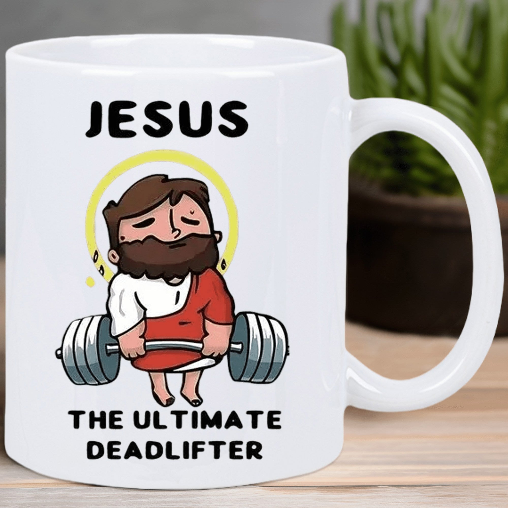 Tailorly White Ceramic 11 oz Mug - Jesus The Ultimate Deadlifter Humorous Cartoon Savior Lifting Heavy Barbell Weights With A Golden Halo Jesus