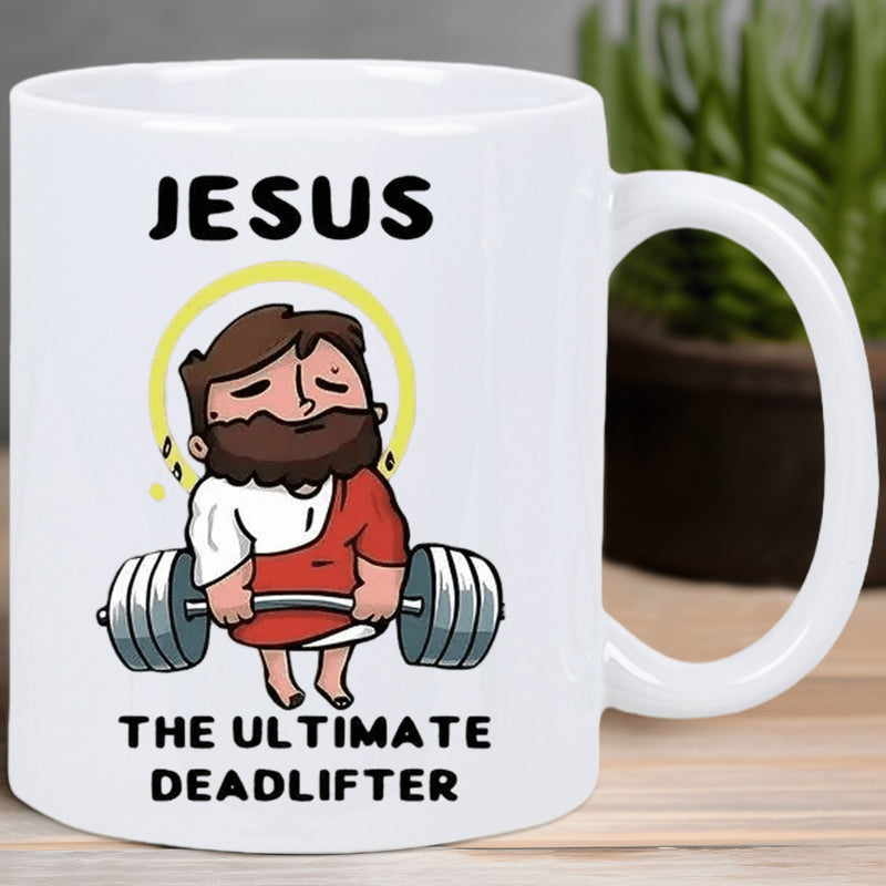 Tailorly White Ceramic 11 oz Mug - Jesus The Ultimate Deadlifter Humorous Cartoon Savior Lifting Heavy Barbell Weights With A Golden Halo Jesus