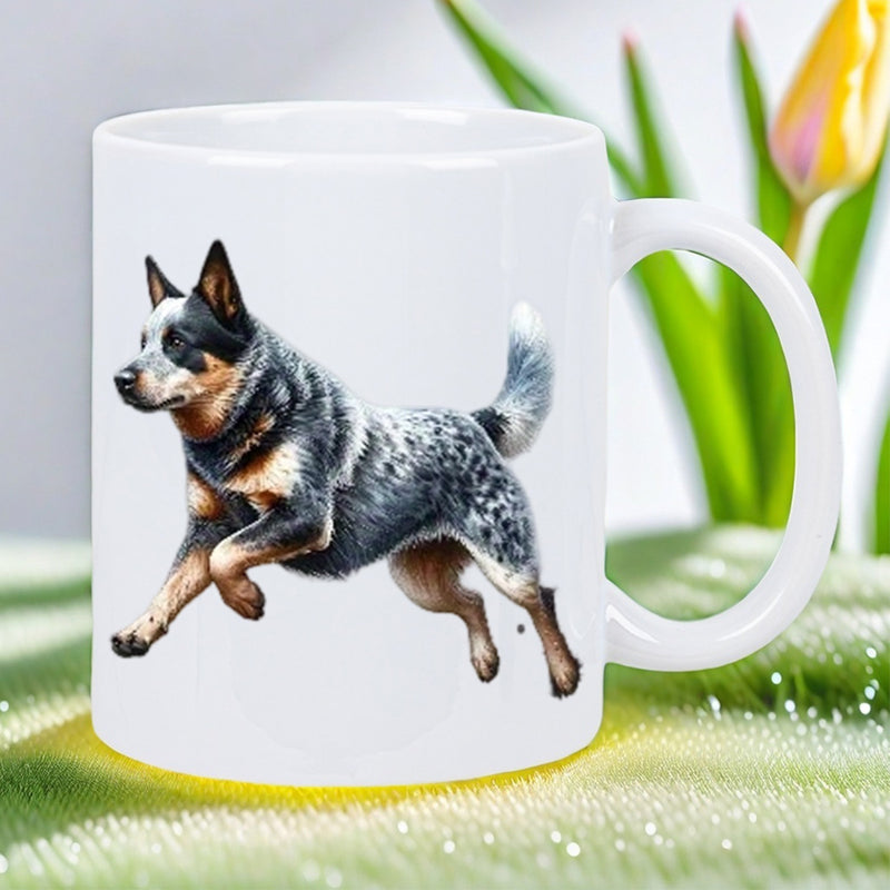 Tailorly White Ceramic 11 oz Mug - Energetic Blue Heeler Running With Powerful Leaping Motion Across White Background Dog