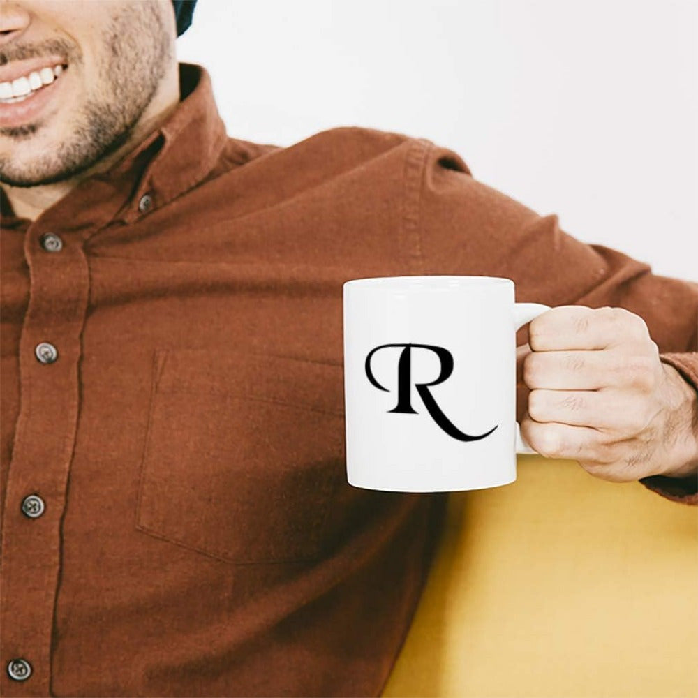 Tailorly White Ceramic 11 oz Mug - R Classic Elegant White Ceramic Coffee Cup With Black Bold Monogram Mug