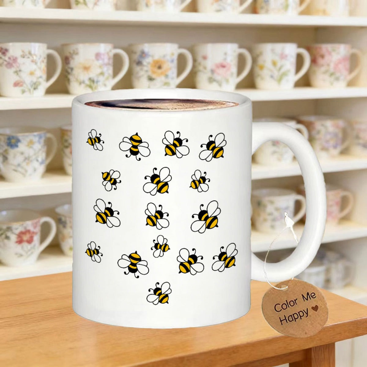 Tailorly White Ceramic 11 oz Mug - Hand Drawn Cartoon Bumblebees Flying In Organized Random Pattern Bee