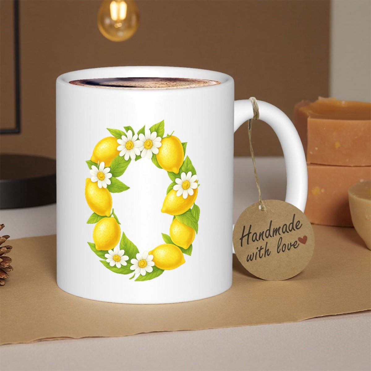 Tailorly White Ceramic 11 oz Mug - Vibrant Yellow Lemons Combined With White Daisies And Green Leaves Wreath