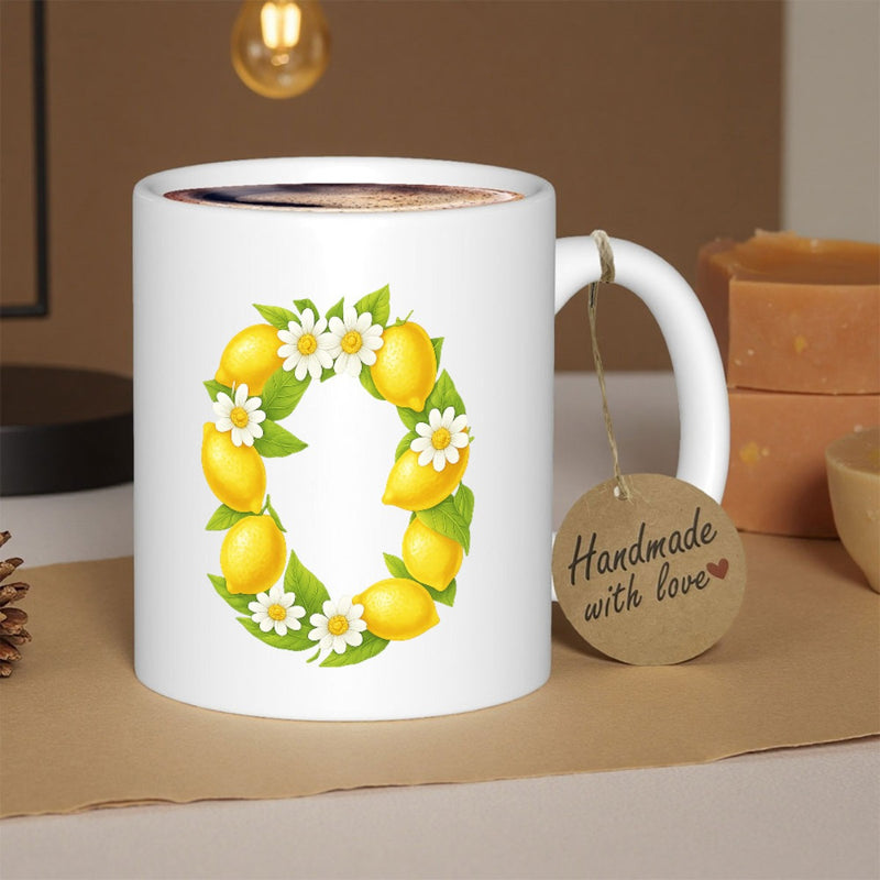 Tailorly White Ceramic 11 oz Mug - Vibrant Yellow Lemons Combined With White Daisies And Green Leaves Wreath