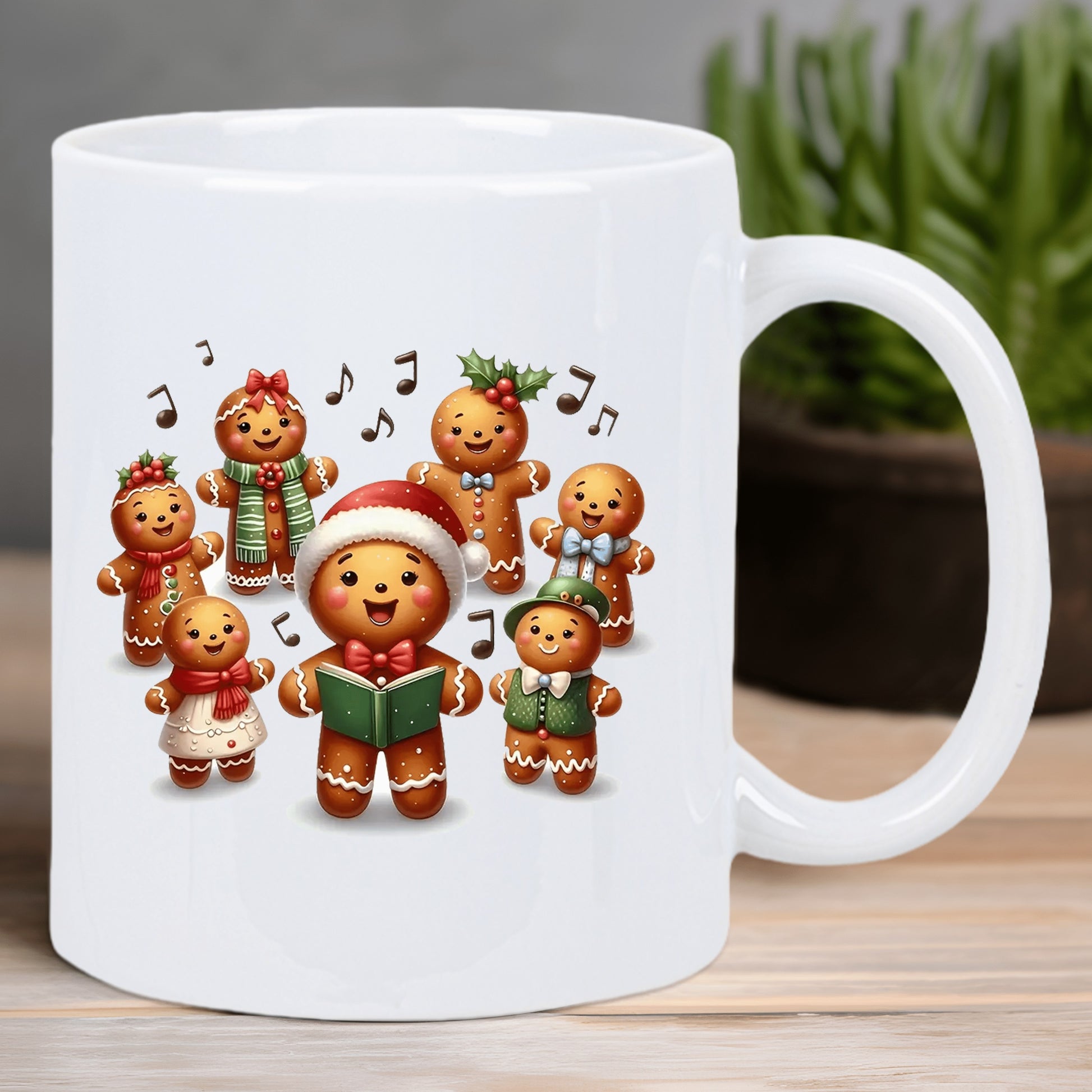 Tailorly White Ceramic 11 oz Mug - Joyful Holiday Cookies Singing Christmas Carols Under Floating Melodic Musical Notes Gingerbread Man