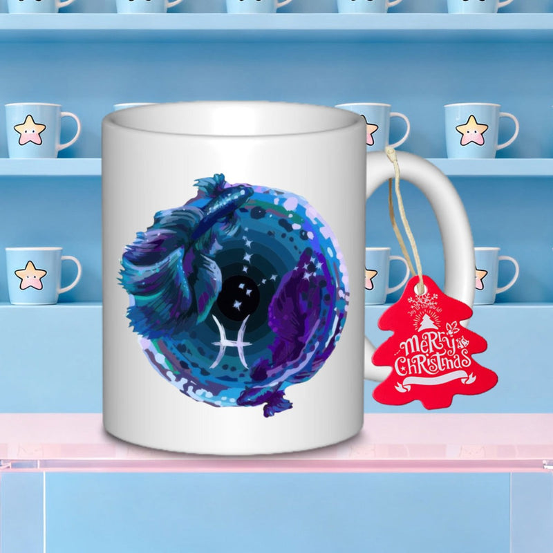 Tailorly White Ceramic 11 oz Mug - Merry Christmas Circular Cosmic Scene With Two Floating Ethereal Fish Among Bright Stars Pisces