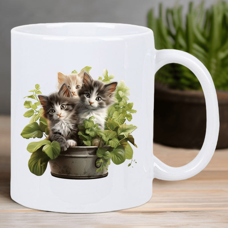 Tailorly White Ceramic 11 oz Mug - Three Fluffy Kittens Sitting In Rustic Metal Pot With Green Leaves Kitten
