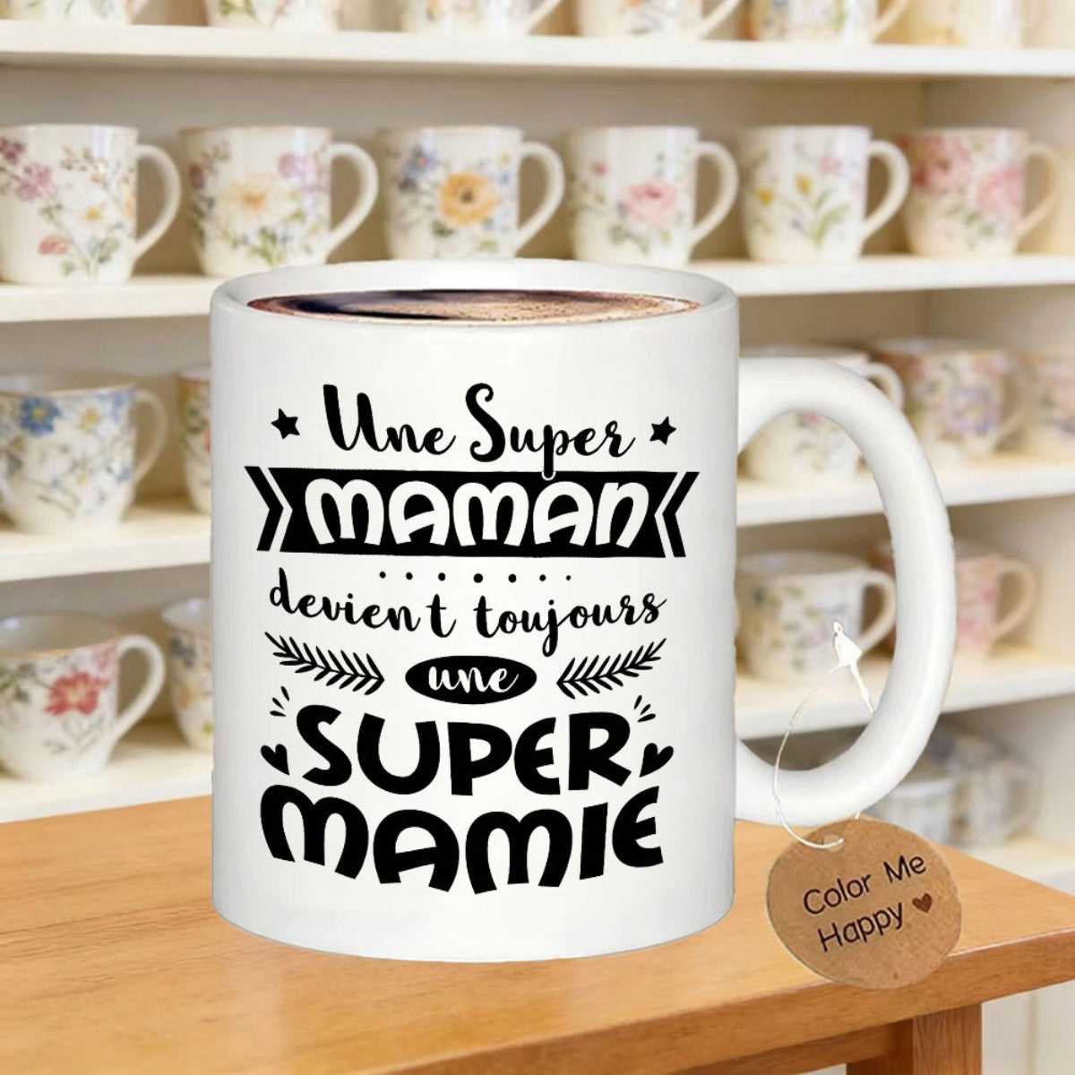 Tailorly White Ceramic 11 oz Mug - French Mother Theme With Stylized Stars And Hearts Artistic Script Typography