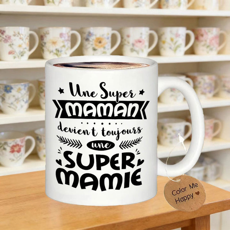 Tailorly White Ceramic 11 oz Mug - French Mother Theme With Stylized Stars And Hearts Artistic Script Typography