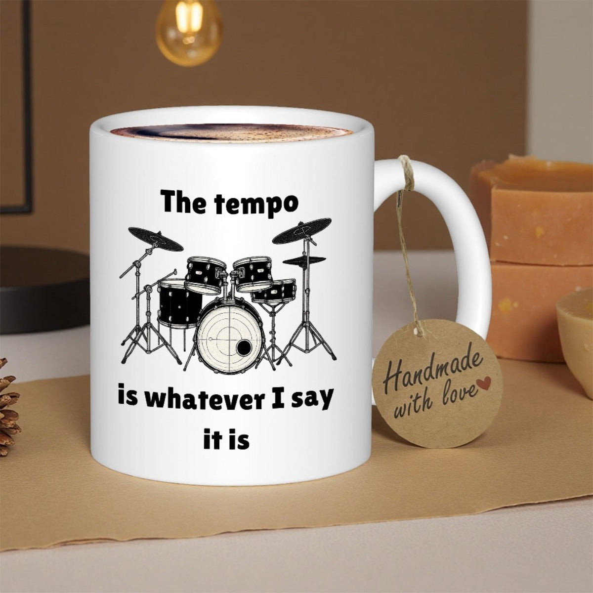 Tailorly White Ceramic 11 oz Mug - The Tempo Is Whatever I Say It Is Detailed Black Line Art Showcasing A Professional Musical Instrument Drum Kit