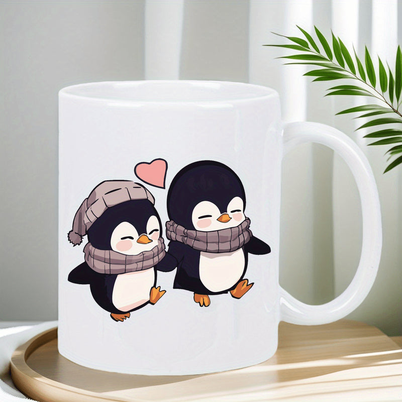 Tailorly White Ceramic 11 oz Mug - Two Adorable Cartoon Penguins Wearing Winter Scarves And Beanies Holding Hands Penguin