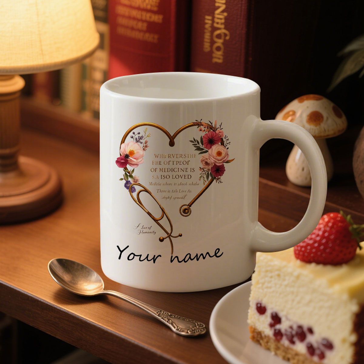 Tailorly White Ceramic 11 oz Mug - Your Name Floral Medical Stethoscope Shaped Into A Heart With Delicate Blooming Roses Stethoscope