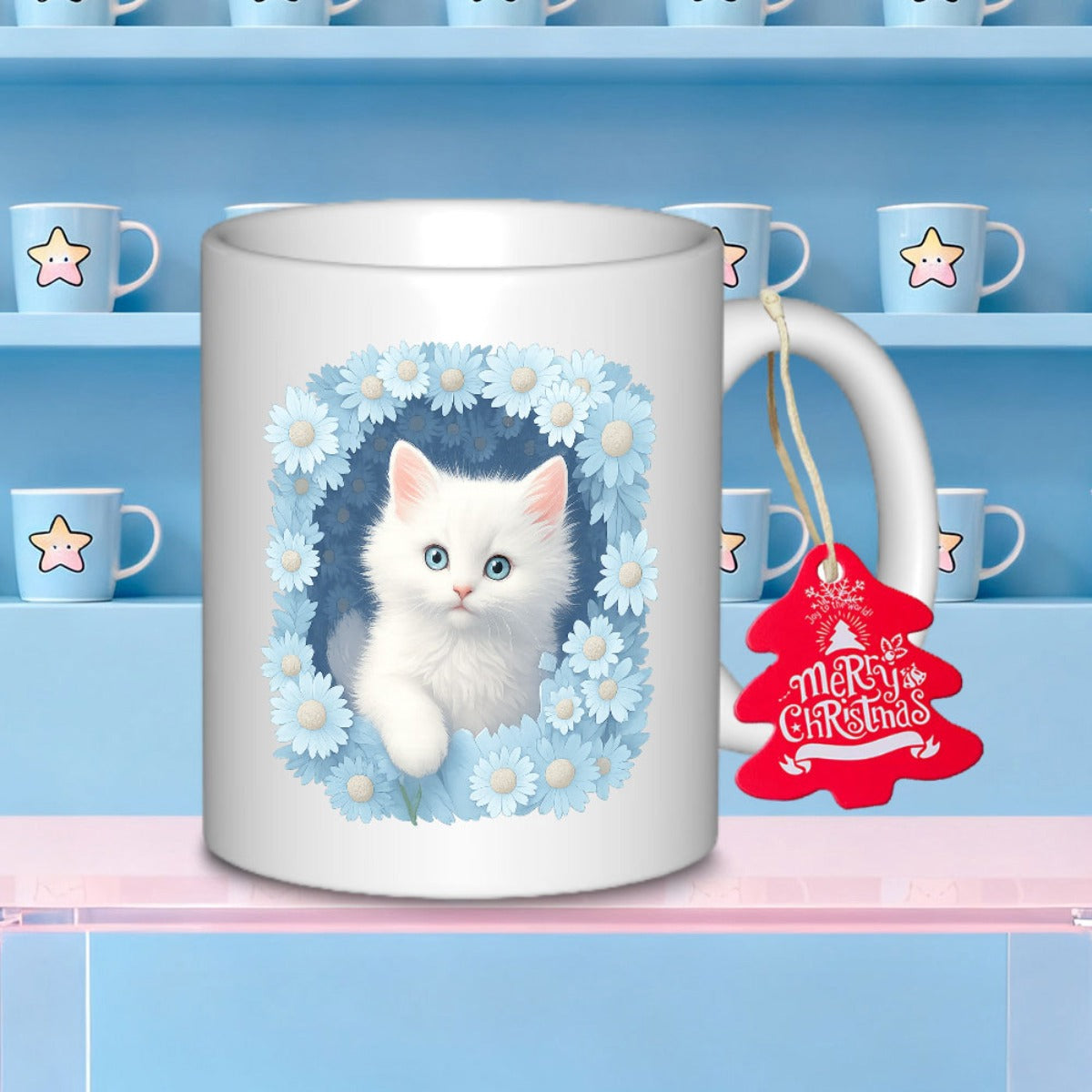 Tailorly White Ceramic 11 oz Mug - Merry Christmas Fluffy White Portrait Surrounded By Light Blue Daisy Flowers Kitten