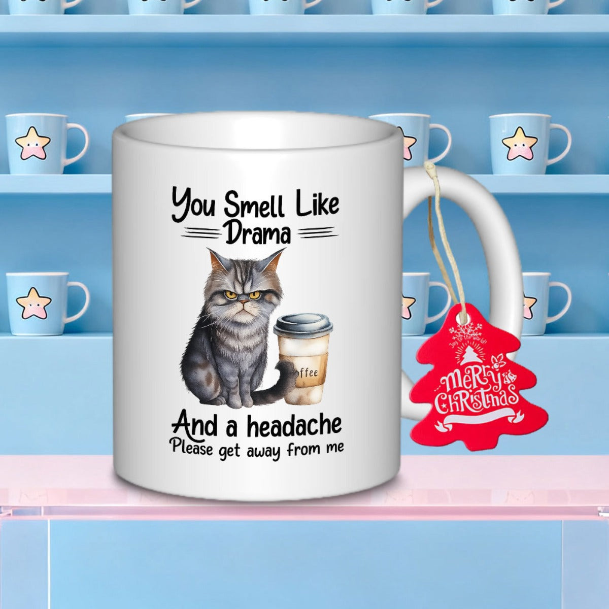 Tailorly White Ceramic 11 oz Mug - You Smell Like Drama And A Headache Please Get Away From Me Grumpy Tabby Sitting Near A Paper Coffee Cup Cat