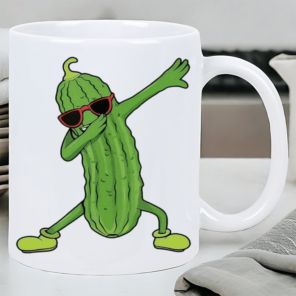 Tailorly White Ceramic 11 oz Mug - Funny Cartoon Vegetable Wearing Red Sunglasses Performing Popular Dabbing Move Pickle