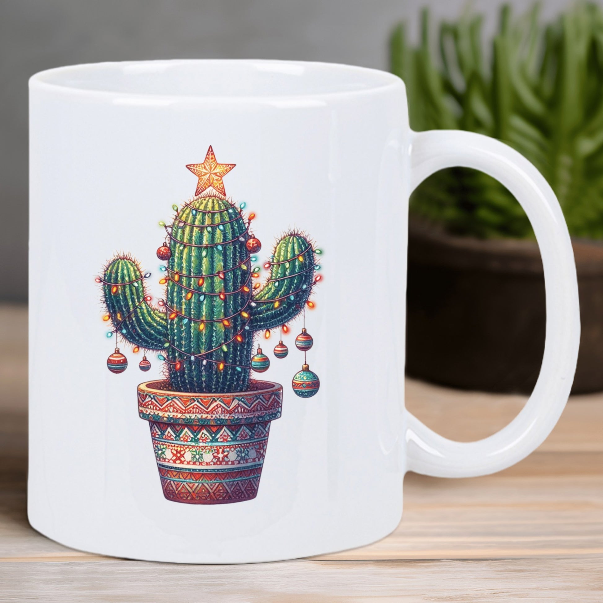 Tailorly White Ceramic 11 oz Mug - Festive Holiday Saguaro Decorated With Ornaments And Star In Tribal Pot Cactus