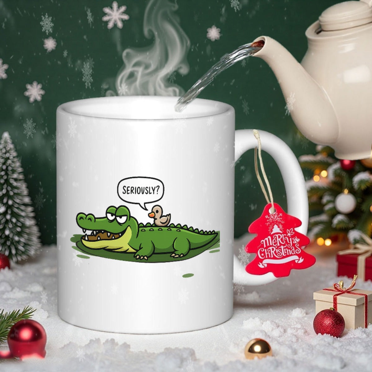 Tailorly White Ceramic 11 oz Mug - Seriously Funny Green Cartoon Crocodile With Small Duck Sitting On Back Crocodile