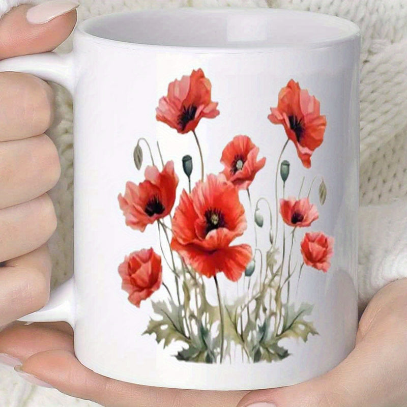 Tailorly White Ceramic 11 oz Mug - Vibrant Red Blossoms Blooming In A Garden Among Green Leaves Poppy