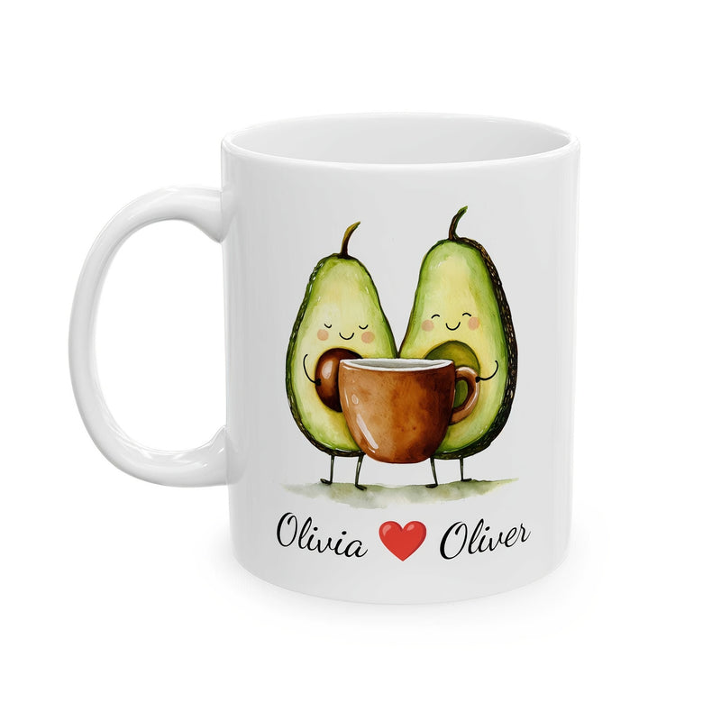 Tailorly White Ceramic 11 oz Mug - Olivia Oliver Two Cute Cartoon Avocados Holding A Brown Mug Together With Smiles Avocado