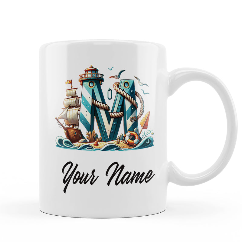 Tailorly White Ceramic 11 oz Mug - Your Name Nautical Lighthouse Theme With Sailing Ship On Rolling Ocean Waves Sea Monogram