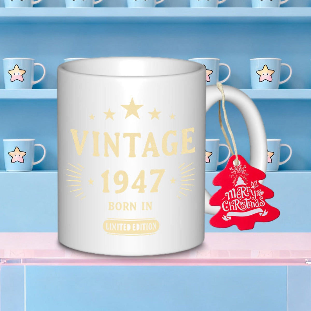 Tailorly White Ceramic 11 oz Mug - Vintage 1947 Born In Limited Edition Merry Christmas Sleek Decorated With Golden Stars And Red Holiday Tag Mug