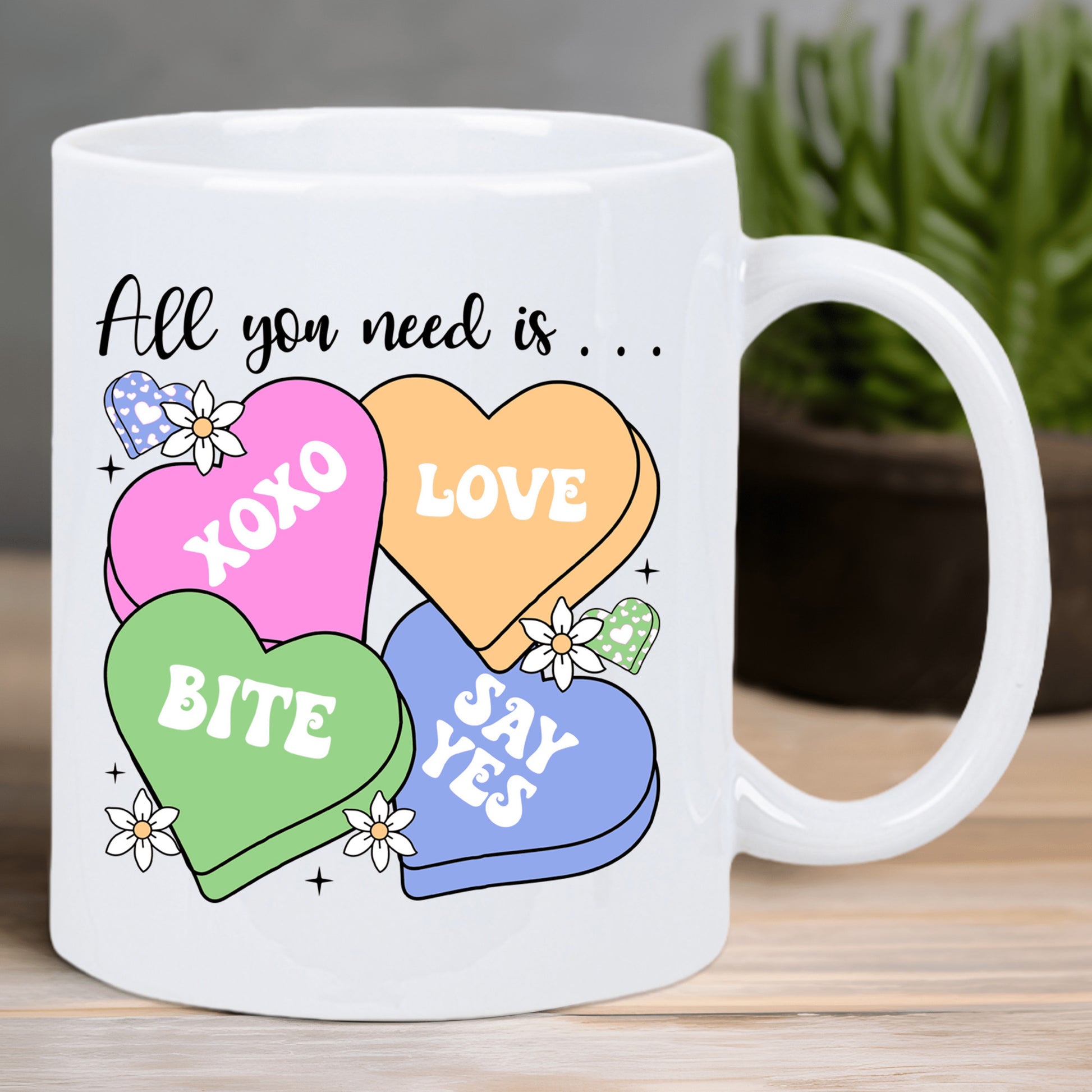 Tailorly White Ceramic 11 oz Mug - All You Need Is XOXO Love Bite Say Yes Pastel Conversation Candies Adorned With Delicate Tiny Floral Blossoms Heart