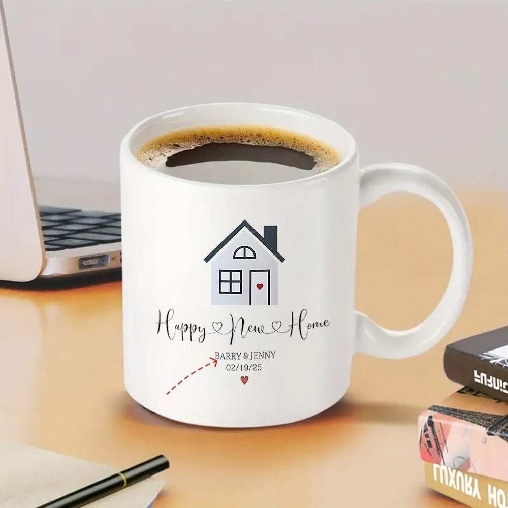 Tailorly White Ceramic 11 oz Mug - Happy New Home Minimalist Graphic Icon Featuring Tiny Red Heart And Dotted Line House