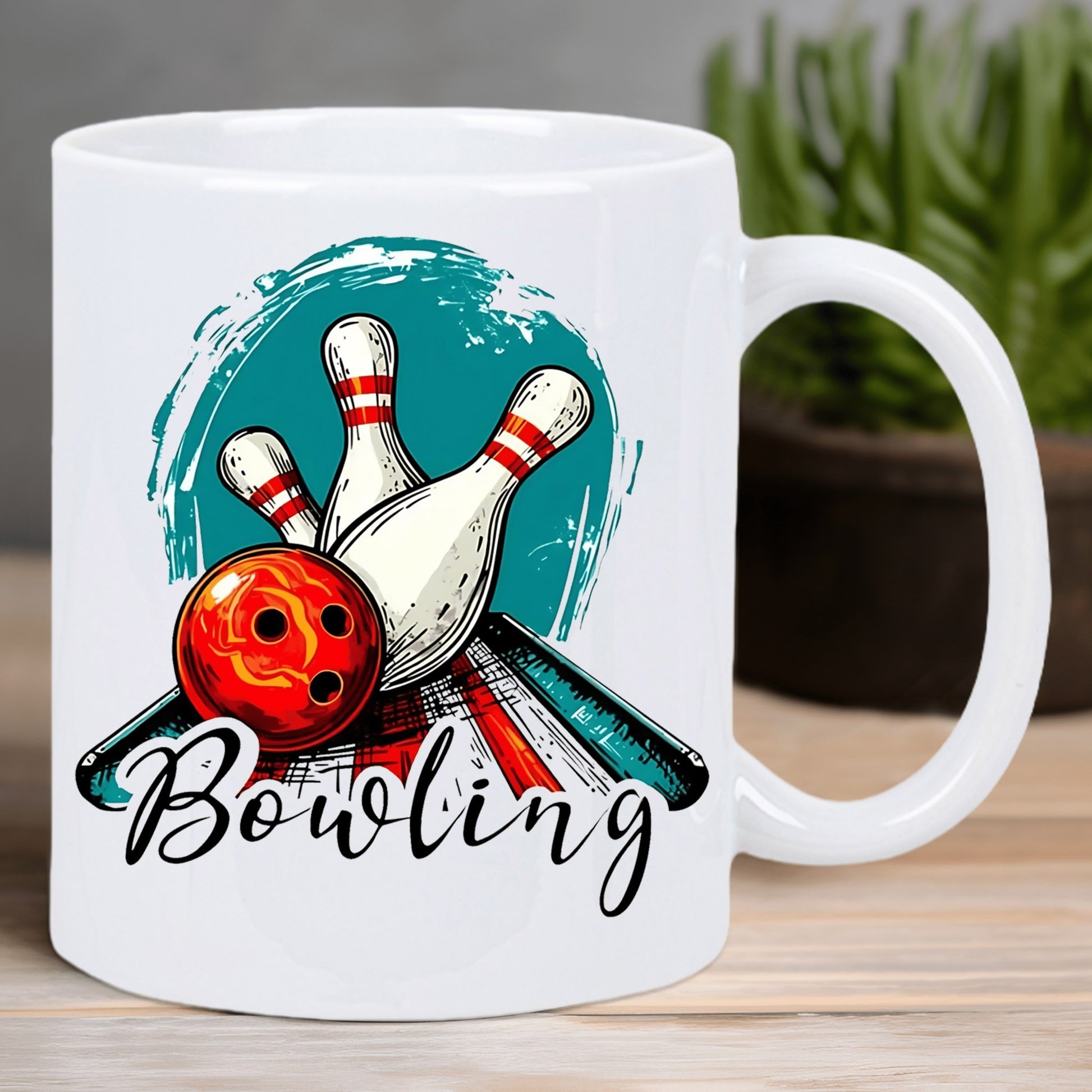Tailorly White Ceramic 11 oz Mug - Bowling Vintage Style Teal Circle With Striking Red Ball And White Pins
