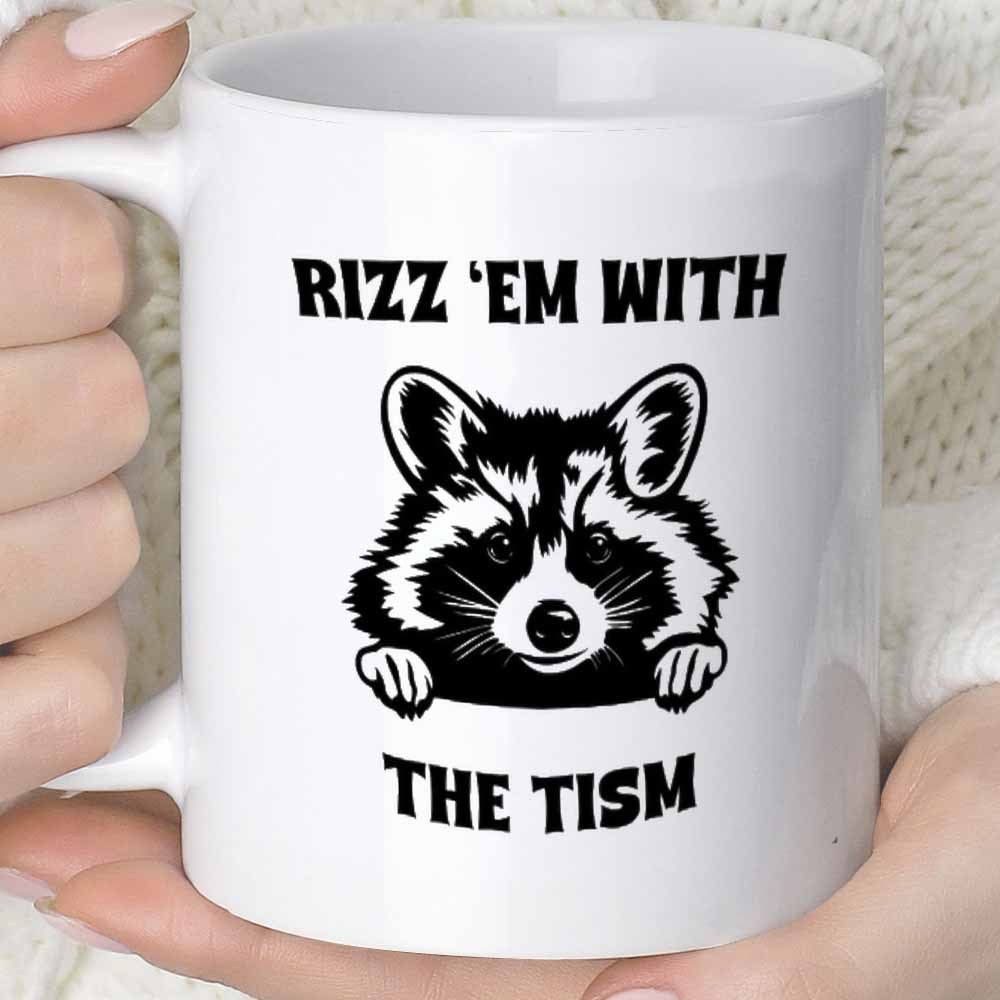Tailorly White Ceramic 11 oz Mug - Rizz Em With The Tism Black And White Hand Drawn Peeking Curious Forest Animal Design Raccoon
