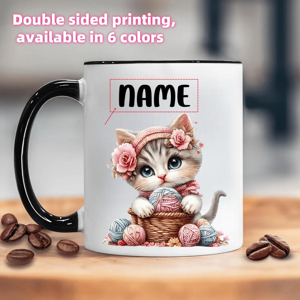 Tailorly Black Accent 11 oz Mug - customizable name cute kitten with pink flower hat and yarn ball