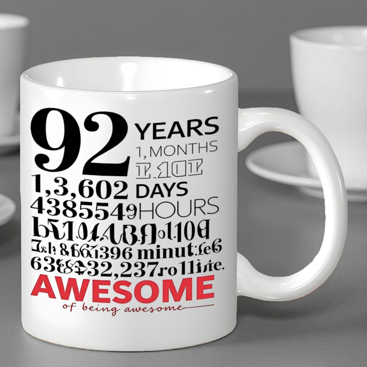 Tailorly White Ceramic 11 oz Mug - 92 Years Awesome Of Being Awesome Typography Layout With Bold Numbers And Script Accents Decorative Mug