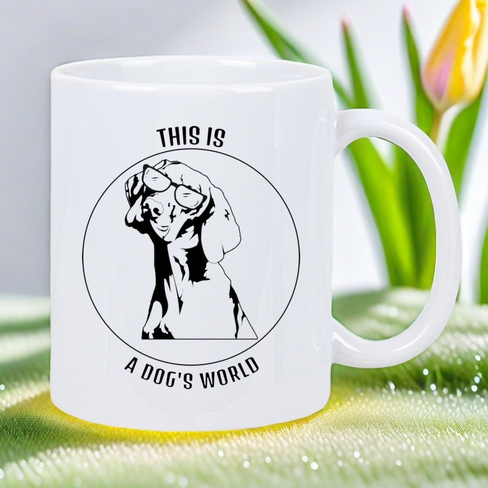 Tailorly White Ceramic 11 oz Mug - This Is A Dogs World Minimalist Black And White Illustration Wearing Glasses Inside Circle Dog