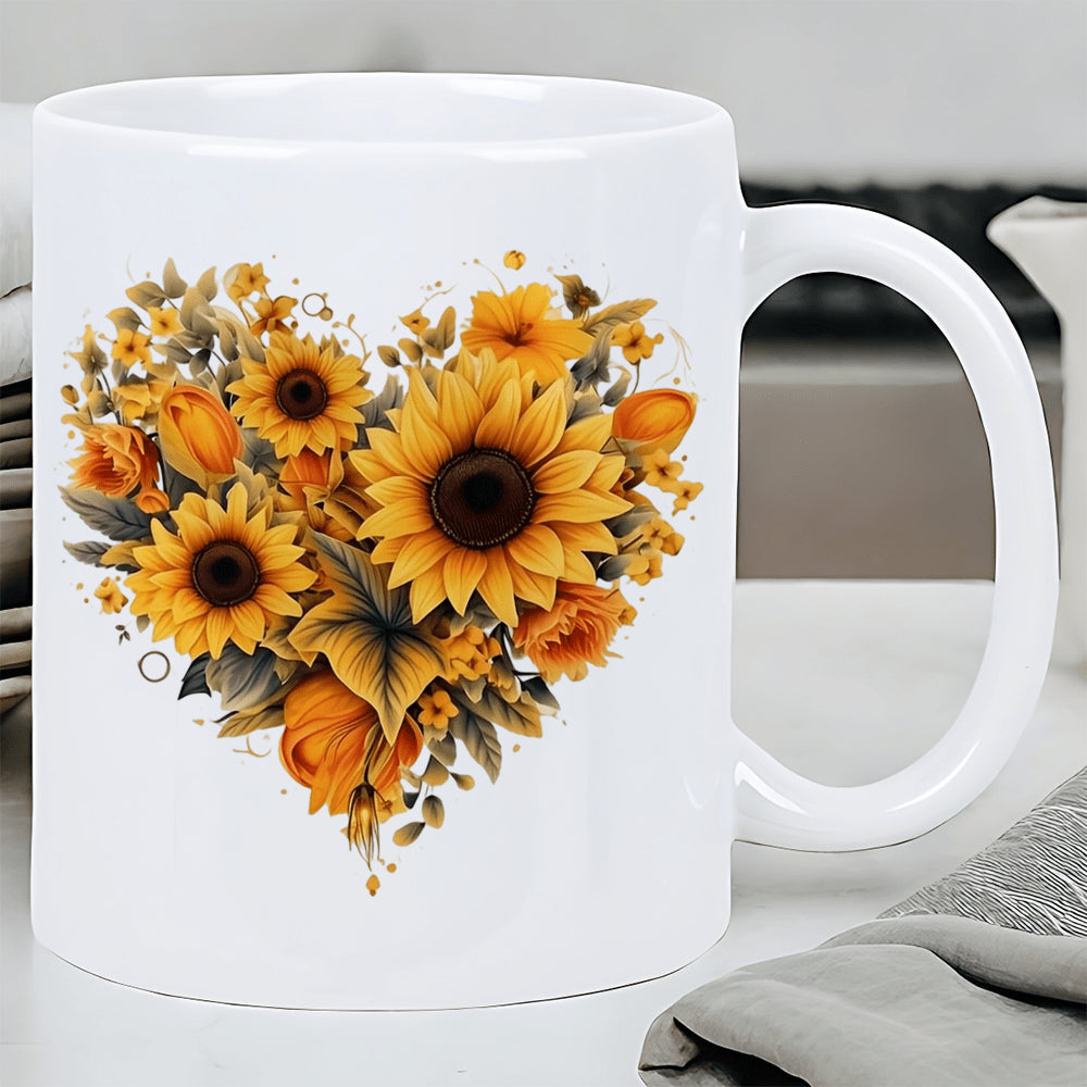 Tailorly White Ceramic 11 oz Mug - Heart Shaped Arrangement Of Vibrant Golden Sunflowers Blooming With Autumn Leaves Sunflower