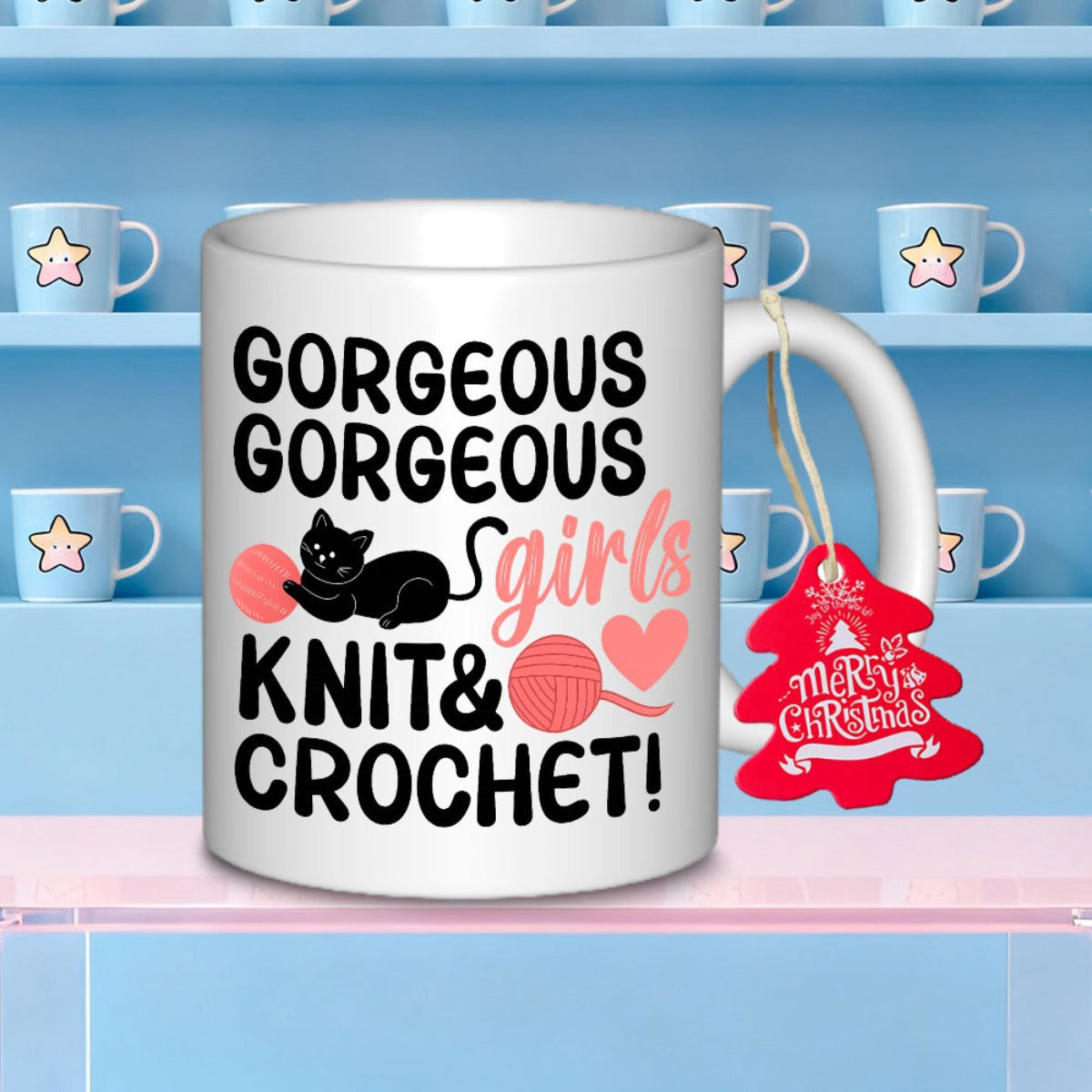 Tailorly White Ceramic 11 oz Mug - Gorgeous Gorgeous Girls Knit Crochet Playful Black Feline Tangled Among Pink Yarn With Tiny Hearts Cat