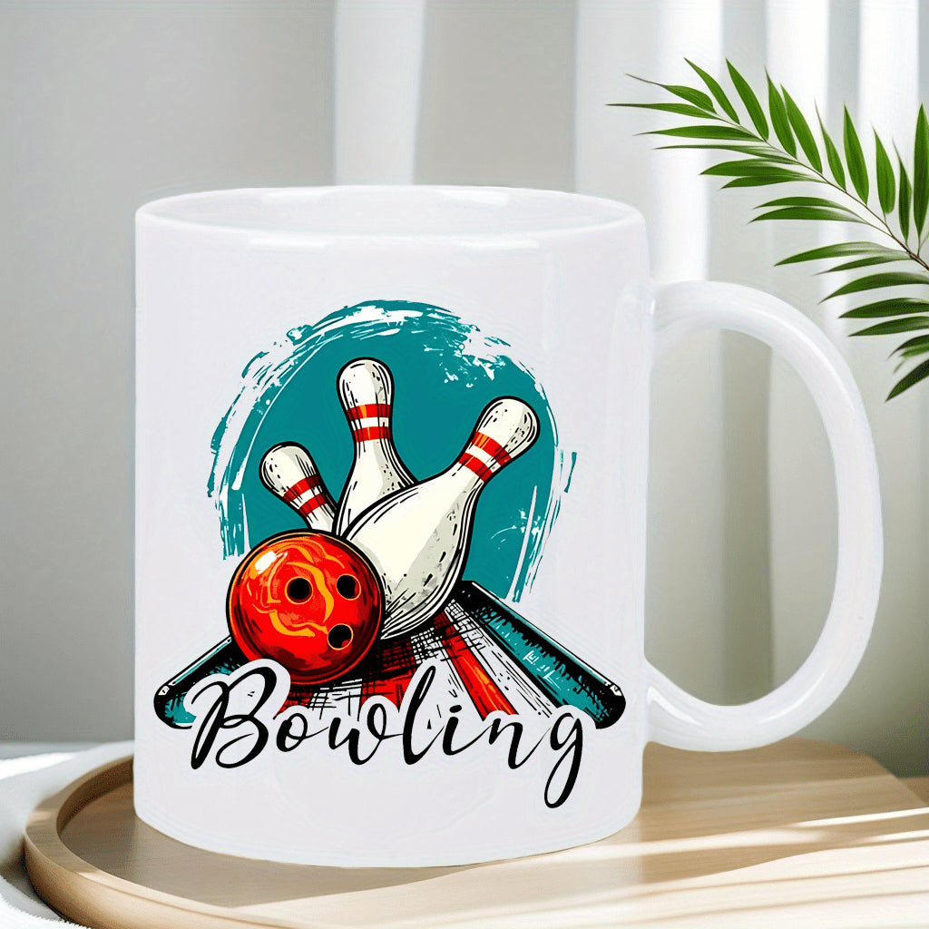 Tailorly White Ceramic 11 oz Mug - Bowling Red Ball Striking Three White Pins Over Teal Paint Splatter Bowling