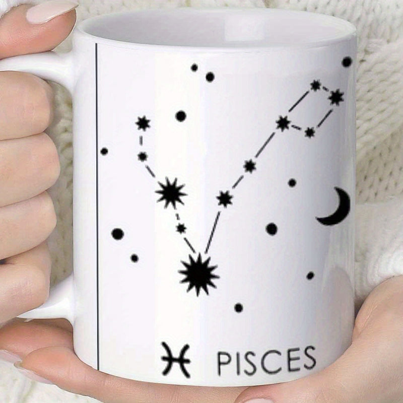 Tailorly White Ceramic 11 oz Mug - Pisces Minimalist Black Stars Forming A Celestial Pattern With Crescent Moon Constellation