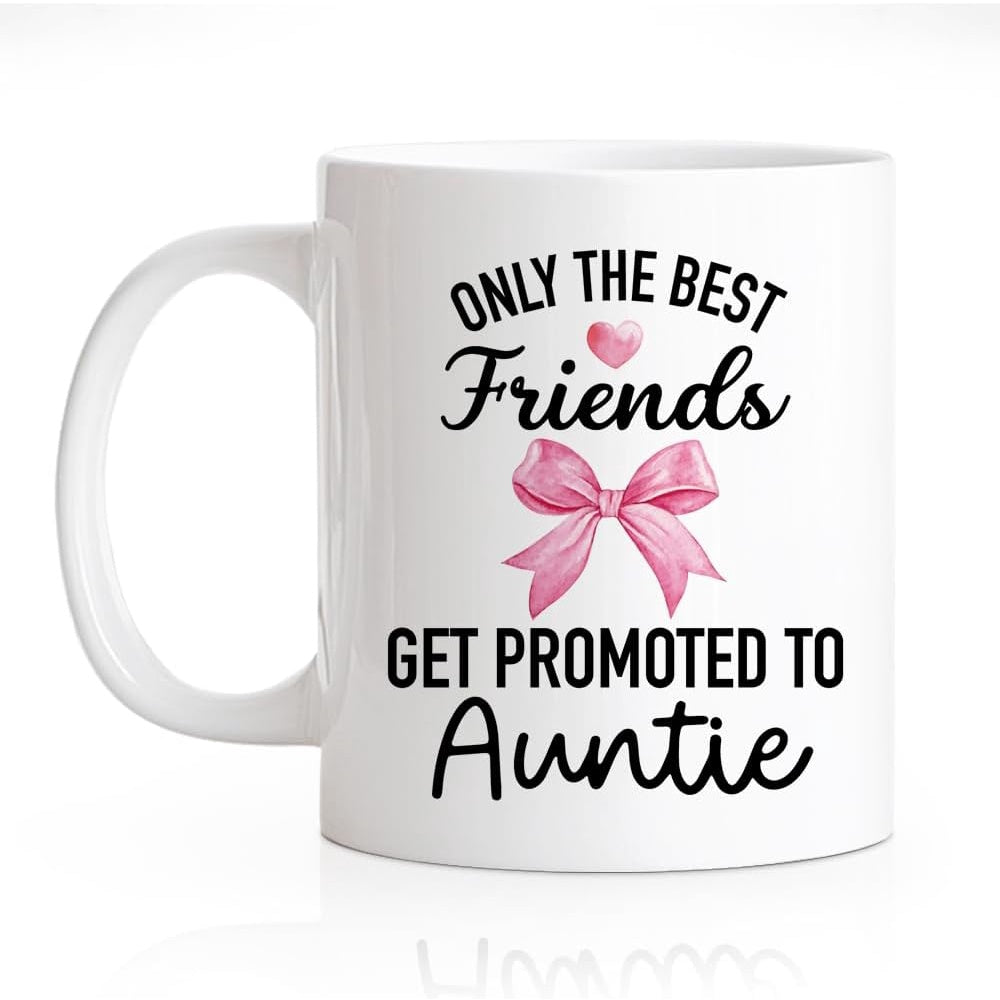 Tailorly White Ceramic 11 oz Mug - Only The Best Friends Get Promoted To Auntie Delicate Pink Ribbon Bow With Small Heart Among Elegant Script Lettering Mug