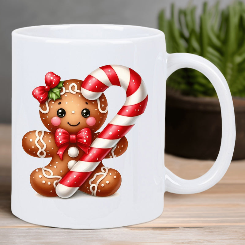 Tailorly White Ceramic 11 oz Mug - Cute Smiling Christmas Cookie Decorated With Red Bows And Candy Cane Gingerbread
