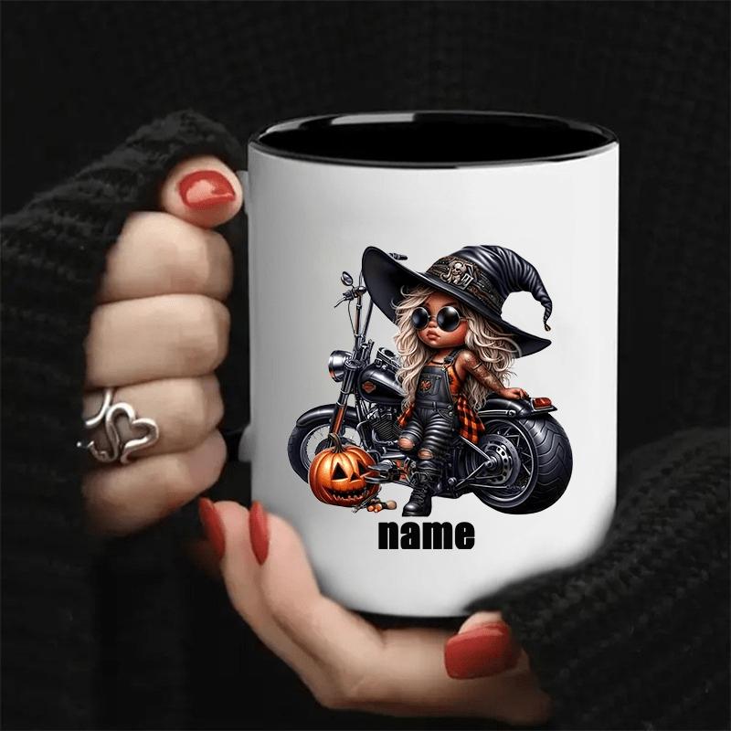 Tailorly Black Accent 11 oz Mug - personalized witch riding motorcycle with custom name gothic witch and motorcycle design
