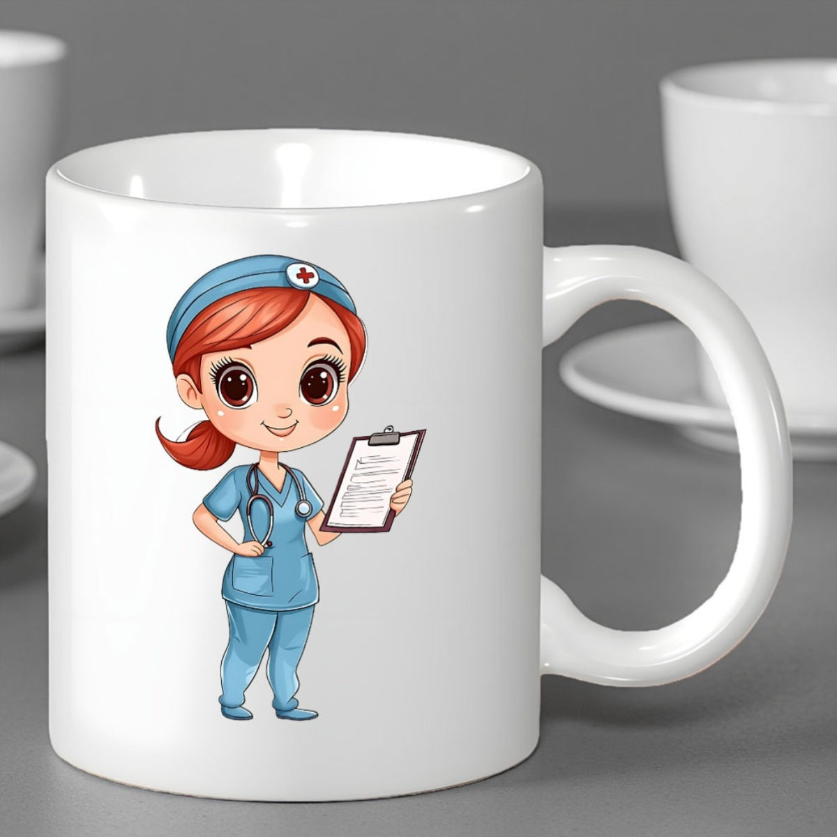 Tailorly White Ceramic 11 oz Mug - Adorable Red Haired Chibi Character Wearing Blue Medical Scrubs Holding Clipboard Nurse