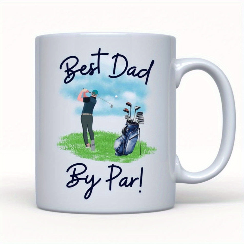 Tailorly White Ceramic 11 oz Mug - Best Dad By Par Professional Player Swinging Club On Green Grass Beside Full Golf Bag Golfer