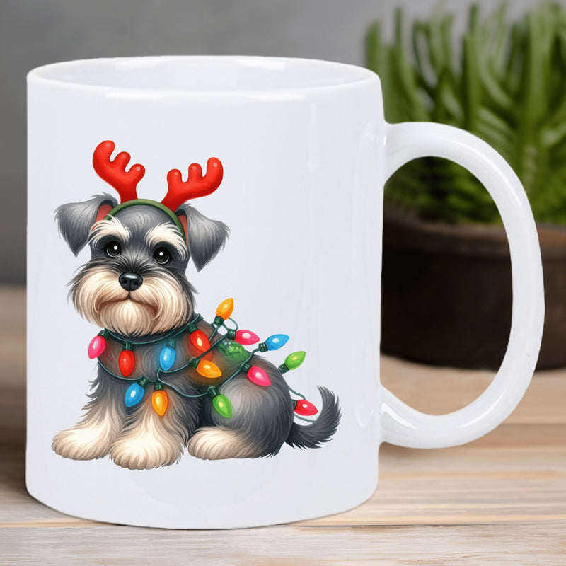 Tailorly White Ceramic 11 oz Mug - Festive Little Puppy Wearing Red Reindeer Antlers Tangled In Colorful Glowing Lights Schnauzer
