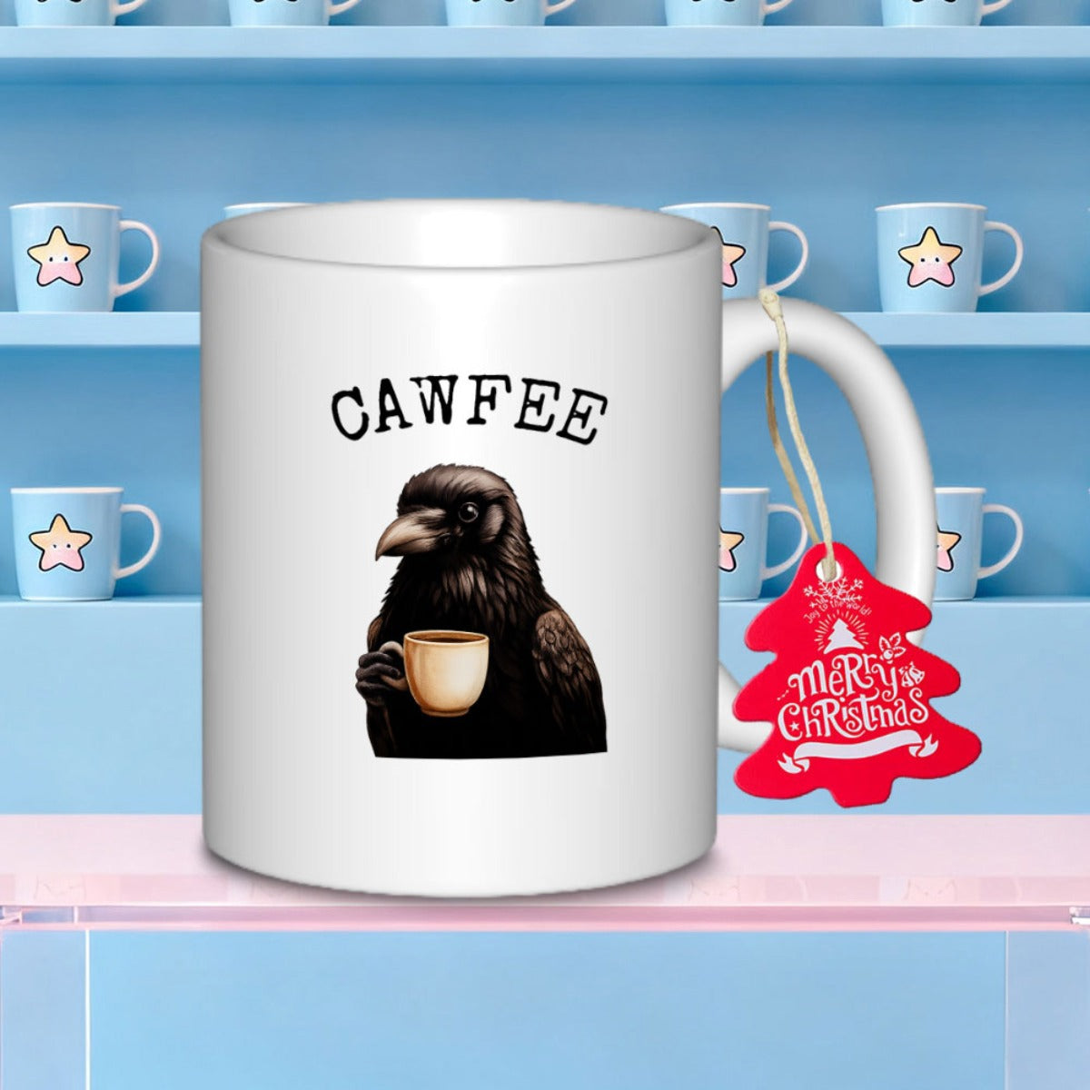 Tailorly White Ceramic 11 oz Mug - Cawfee Intelligent Black Raven Holding Small Ceramic Cup Of Coffee Crow