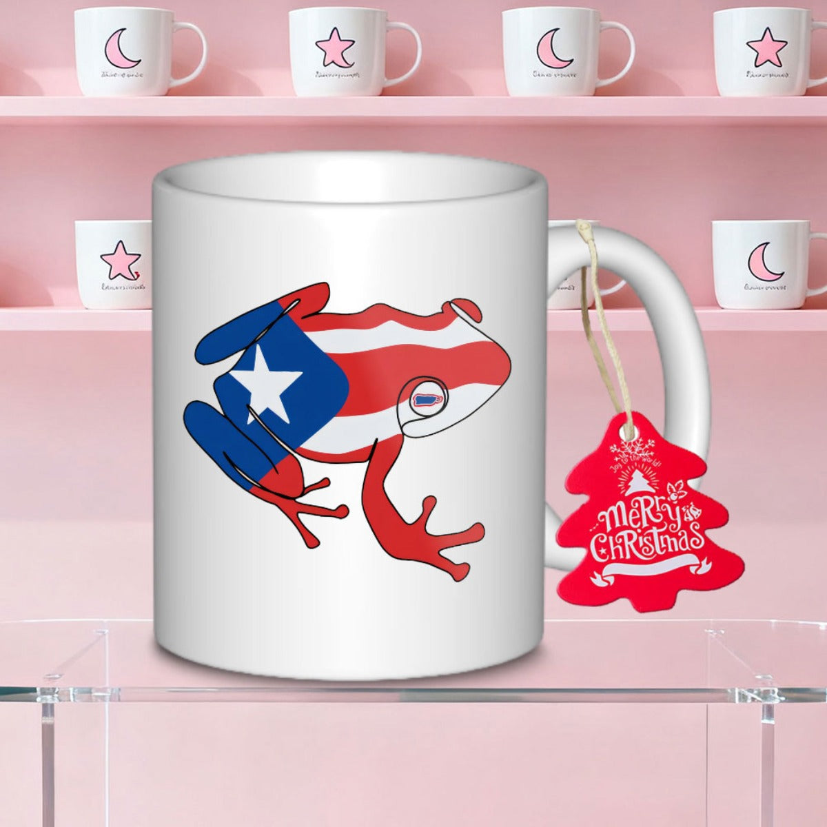 Tailorly White Ceramic 11 oz Mug - Merry Christmas Vibrant Puerto Rican Flag Patterned Silhouette With Artistic Stylized Outlines Frog